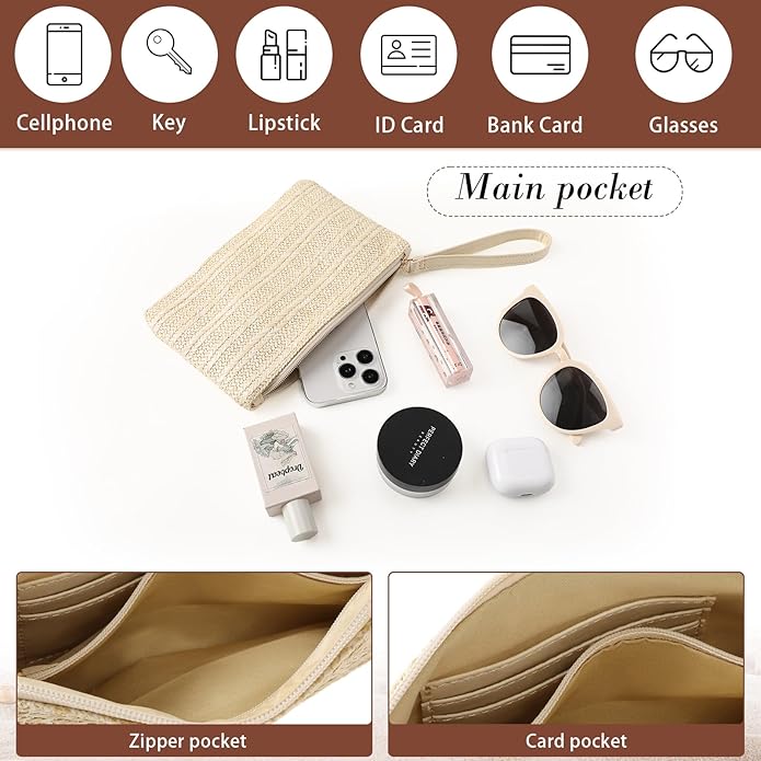 Clothirily Straw Purse Bag for Women Bohemian Handbag with Zipper Wristlet, Beach Clutch Womens Straw Clutch Purse for Summer