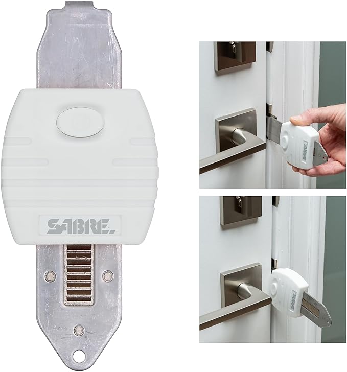 SABRE Portable Door Lock, Durable Metal Construction, Lightweight and Compact, Quick No-Tool Installation, Fits Most Inward-Swinging Hinged Doors, Requires 1/8 Inch Gap, For Houses, Apartments, Condos