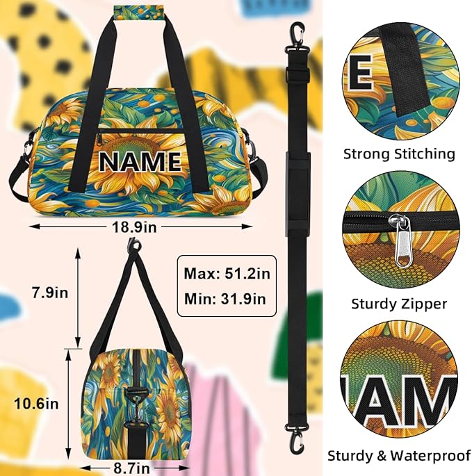 Sunflower Mini Gym Bag 18 inch for Women Men Waterproof Custom Sunflowers Watercolor Travel Duffel Bag Carry On Overnight Tote Nurse Bag for Work Fitness Hiking