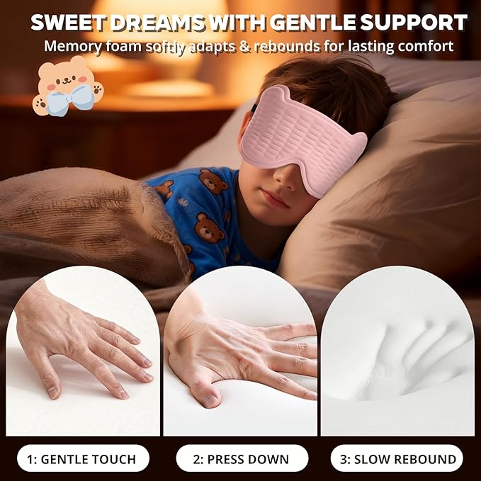 3D Kids Sleep Mask – Cute Bear Eye Mask for Sleeping, Comfortable Memory Foam Sleep Mask for Kids, Adjustable Strap and Lightweight Sleeping Mask for Boys Girls Teens Ages 5-15 (Pink)