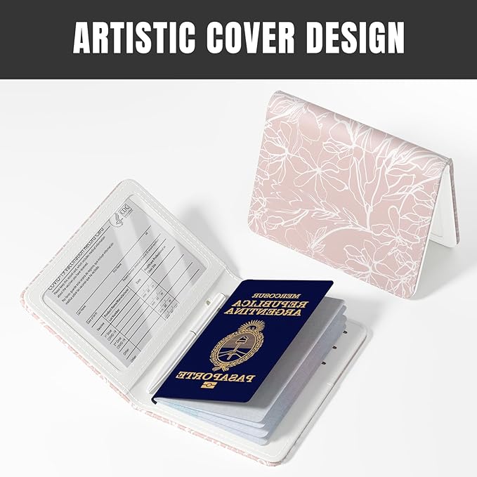 Rimilak Passport Holder, RFID Blocking Passport Cover Wallet Travel Essentials, Leather Travel Documents Organizer Protector for Women and Men, White Leaves