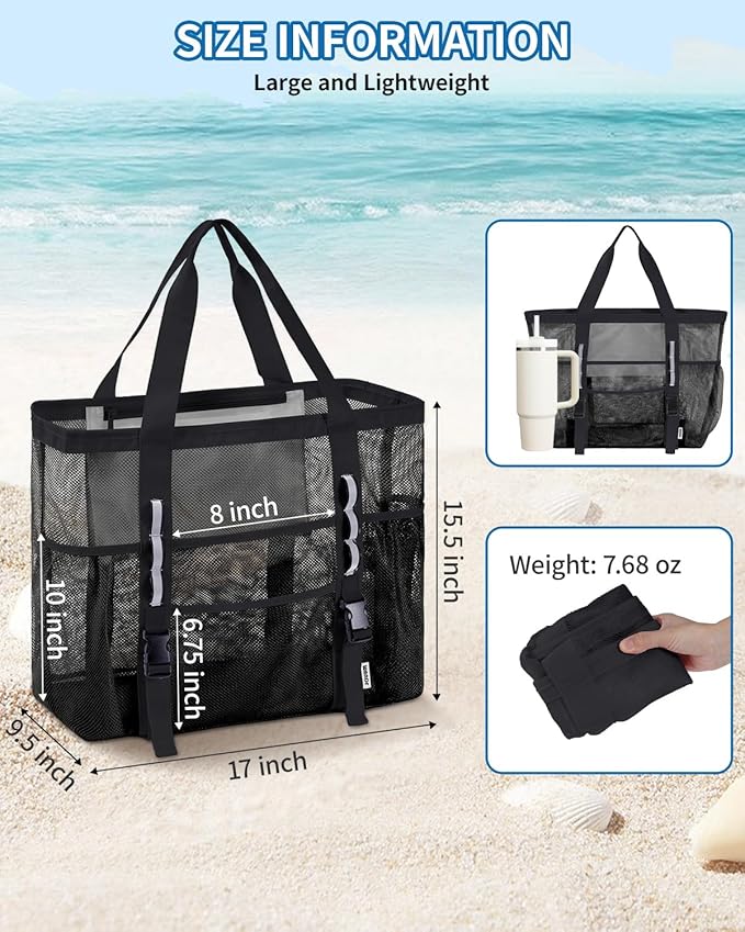 WANDF Mesh Beach Bag for Women, Large Beach Tote Bags with 40oz Tumbler Side Pockets, Family Pool Bag for Swim Toys Towels Cruise Vacation Essentials (Black) | Breathable