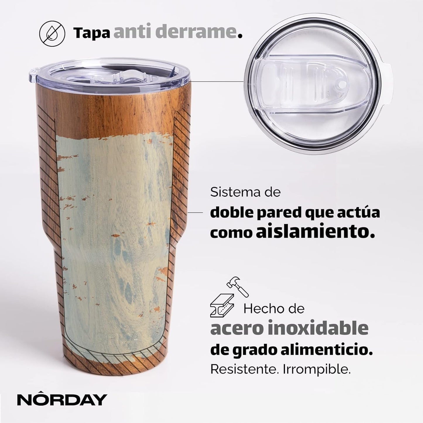 NORDAY | Tumbler with Lid - 30oz - Wood Insulated Tumbler - Stainless Steel Tumblers - Double Wall Vacuum Insulated Travel Coffee Mug for Car Cup Holder - Keeps Temperature for 24hr - Anti Spill Lid