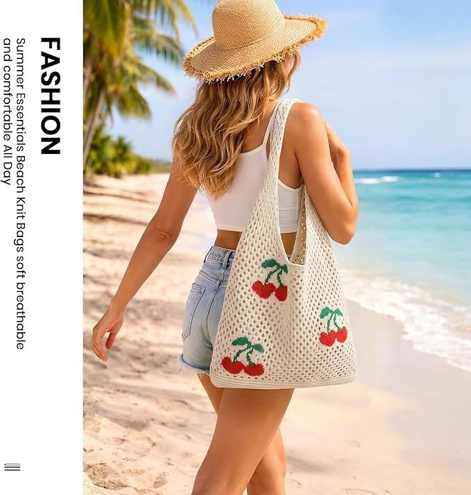 SUOSDEY Crochet Mesh Beach Tote Bag, Knit Summer Vacation Aesthetic Boho Tote Bag for Women