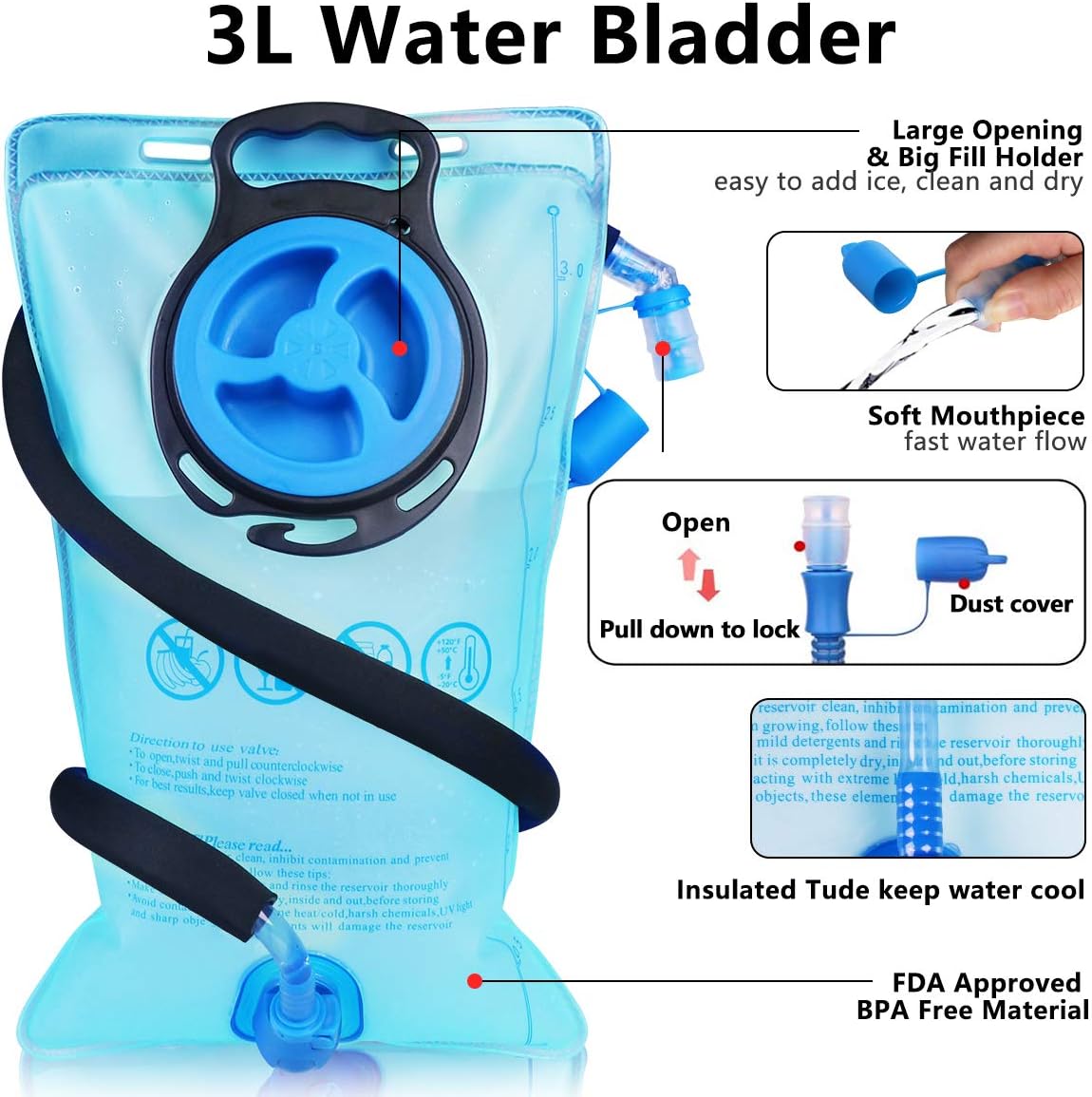 Insulated Hydration Pack Backpack with 3L BPA Free Leak-Proof Water Bladder, Keep Liquids Cool for Up to 5 Hours, Daypack for Hiking, Running, Cycling, Hunting, Climbing