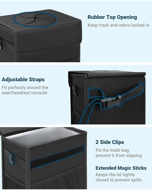 Capolo Car Trash Can with Lid, Leakproof Car Trash Bag Hanging Waterproof Automotive Garbage Can with Storage Pockets Mini Vehicle Trash Bin for Back/Front Seat(Black,4 Gallon)