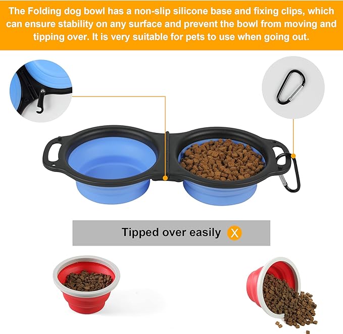 Collapsible Dog Bowls, Portable Travel Pet Feeder Bowl, 2 in 1 Expandable Silicone Pet Food & Water Double Bowl, Cat Feeder Dish with Carabiner for Walking, Traveling, Hiking, Camping