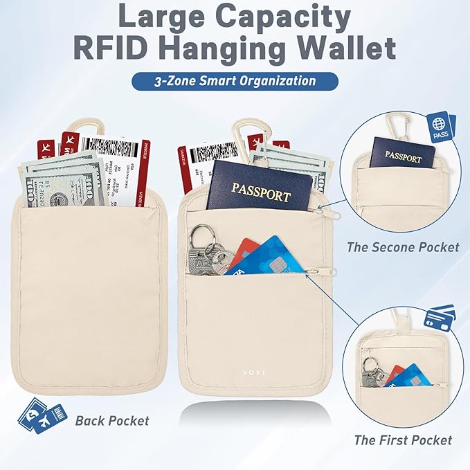 RFID Hidden Travel Wallet Belt Wallet – Large Capacity Passport Holder & Hidden Money Pouch, 3-Zone Organizer Anti-Theft Waist Wallet with Dual Clip Belt & Carabiner