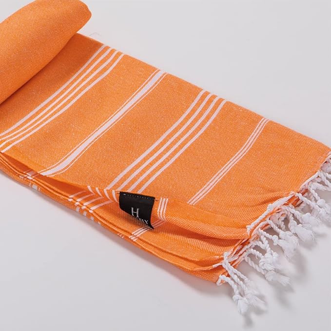 Hencely Turkish Beach Towel 37x68 Oversized, Sand-Free, Quick-Dry, Lightweight - Travel Essential for Pool & Bath - Striped 100% Cotton Bathroom Towels Accessories Gift (Orange)
