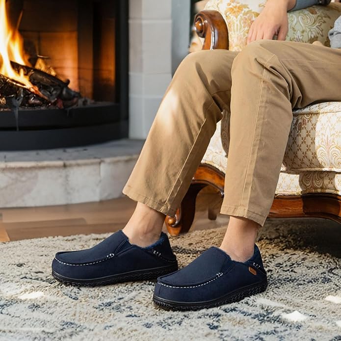 LongBay Men's Moccasin Slippers Comfy Warm Memory Foam House Shoes Winter for Indoor Outdoor