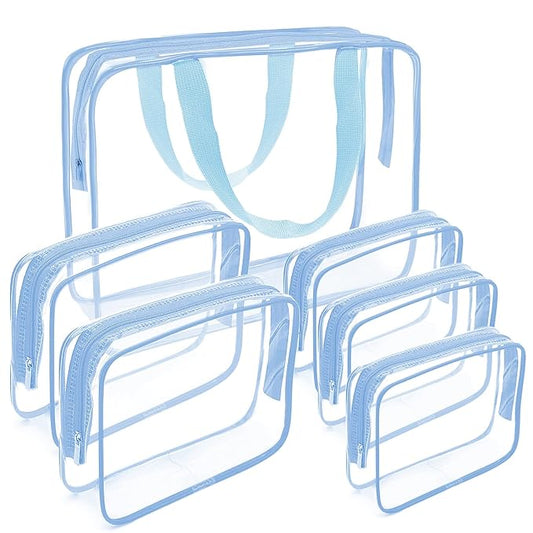 APREUTY Clear Makeup Bags, TSA Approved 6 Pcs Cosmetic Makeup Bags Set Clear PVC with Zipper Handle Portable Travel Luggage Pouch Airport Airline Vacation Organization (Haze Blue)