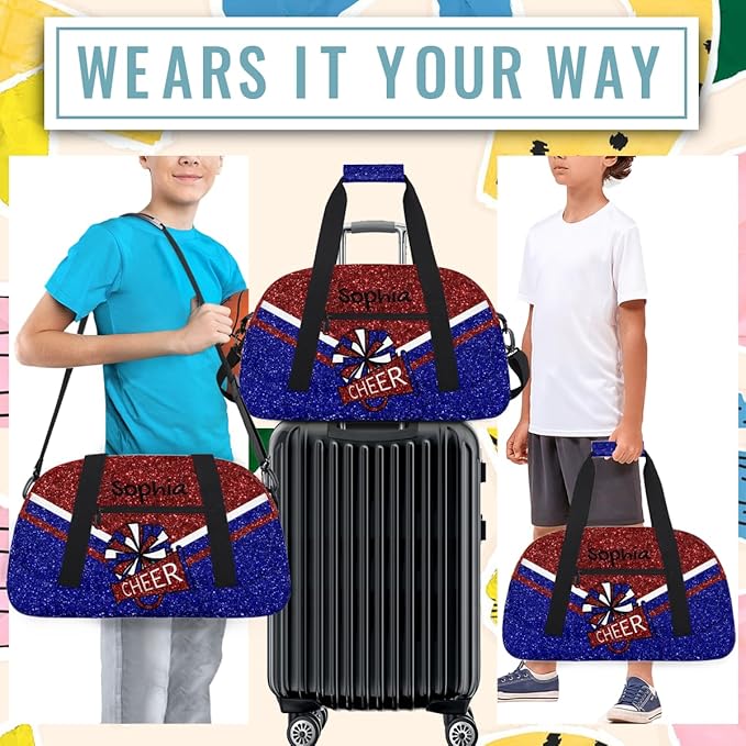 Personalized Red Blue Glitter Cheer Bag for Cheerleaders, Custom Sport Gym Bag Dance Bag Travel Duffle Bag Cheerleading Gifts for Women