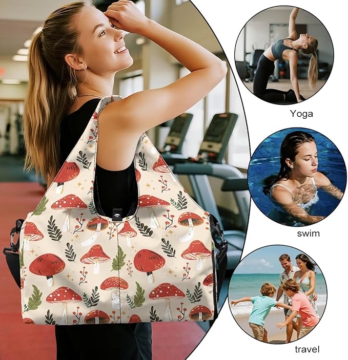 Mushroom Sports Bag with Shoe Compartment and Yoga Mat Holder Red for Women, Portable Gym Bag with Wet Pocket Waterproof Fitness Workout Sports Bag