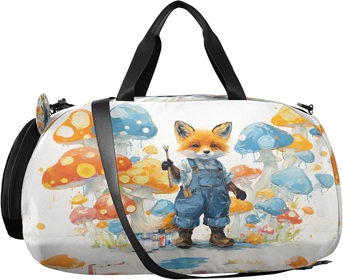 Kids Travel Duffel Bag Overnight Weekender Carry-On Tote Gym Bag with Shoes Compartment Sports School Anthropomorphic Fox in Denim Overalls Painting A Mural Of Polka-dot Mushrooms Lisa Frank Neon Pal