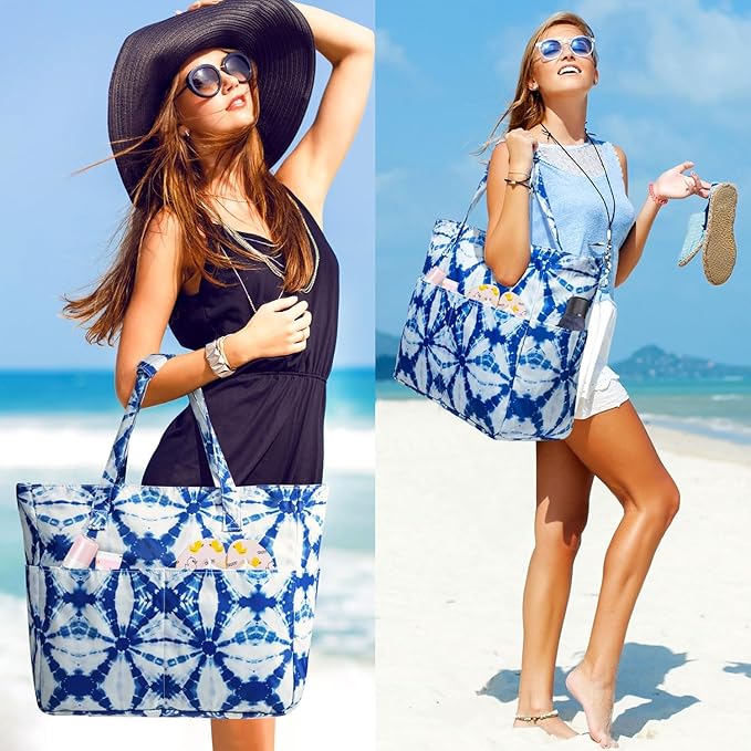 KABAQOO Extra Large Beach Bag Waterproof Sandproof Women Beach Tote with Zipper & Wet Compartment for Pool Gym Grocery Travel