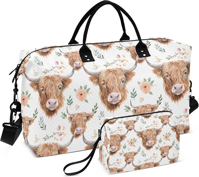 Watercolor Floral Highland Cows Pattern Travel Duffle Bag Gym Yoga Carry on Bags for Men Women Weekender Bag
