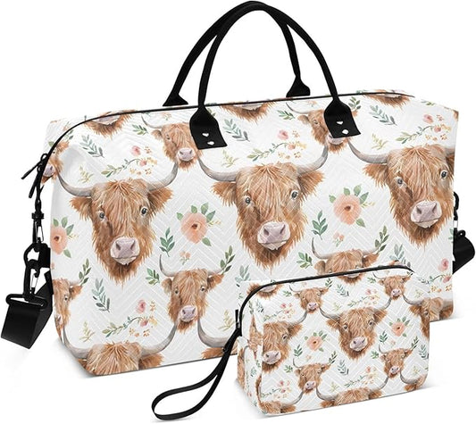 Watercolor Floral Highland Cows Pattern Travel Duffle Bag Gym Yoga Carry on Bags for Men Women Weekender Bag