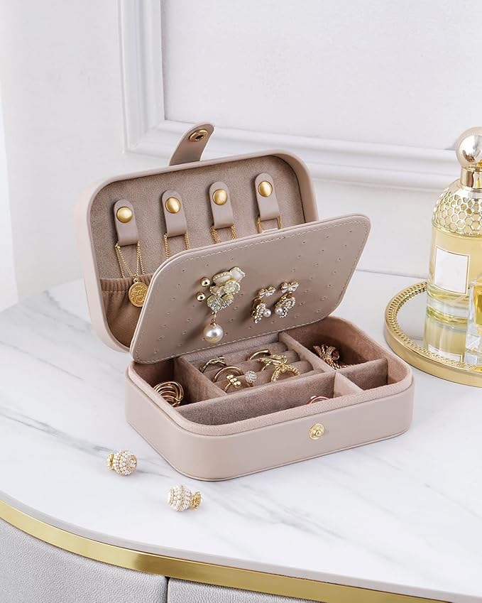 Jewelry Travel Case, Portable Travel Jewelry Box for Women, PU Leather, Snap Closure, Jewelry Holder Organizer Travel Essentials, Light Taupe