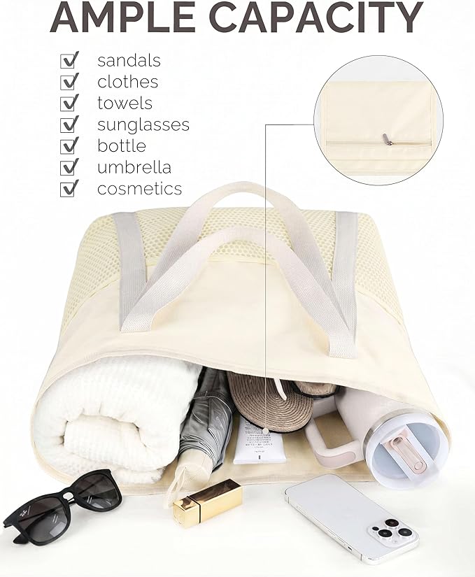 HOMESPON Beach Bag Large Waterproof Sandproof Tote for Women with Zipper and Mesh Pockets