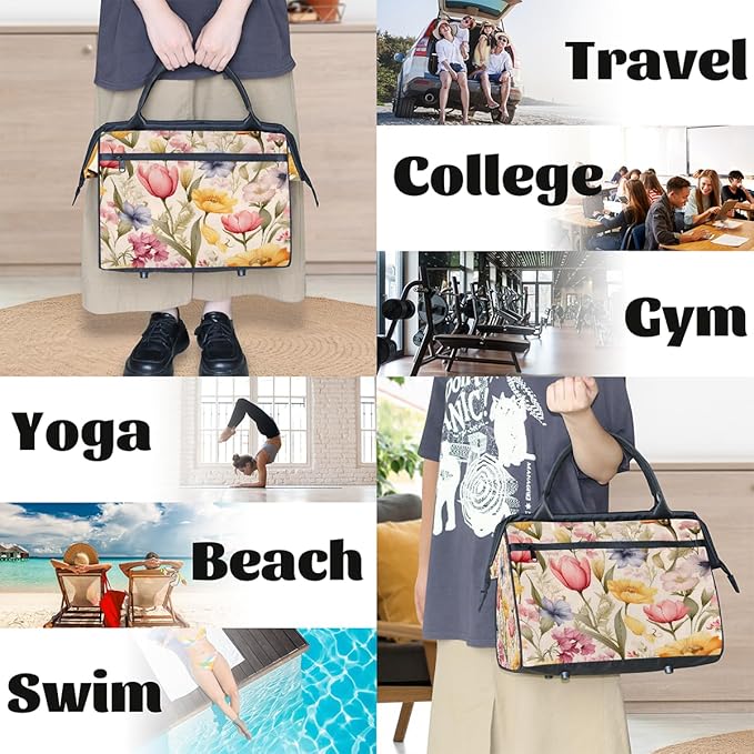 Travel Duffel Bag, Spring Summer Colored Flower Waterproof Sports Gym Duffle Bag, Large Capacity Weekender Carry On Overnight Bags for Women Men