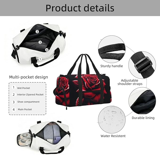 Romantic Red Rose Print Gym Bag with Shoe Compartment for Women Men, 17.7in Sports Duffle Weekender Tote, Overnight Travel Duffel Bag Carry On