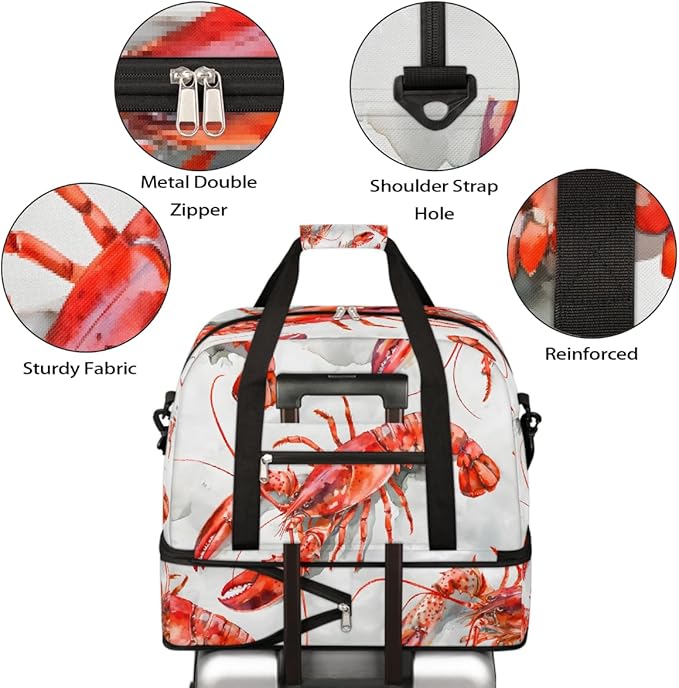 Red Animal Lobster Large Weekender Bag with Shoe Compartment Travel Duffel Bags for Women Carry On Hospital Overnight Bag Foldable Personal Item Travel Bags Tote Gym Sports Airplanes