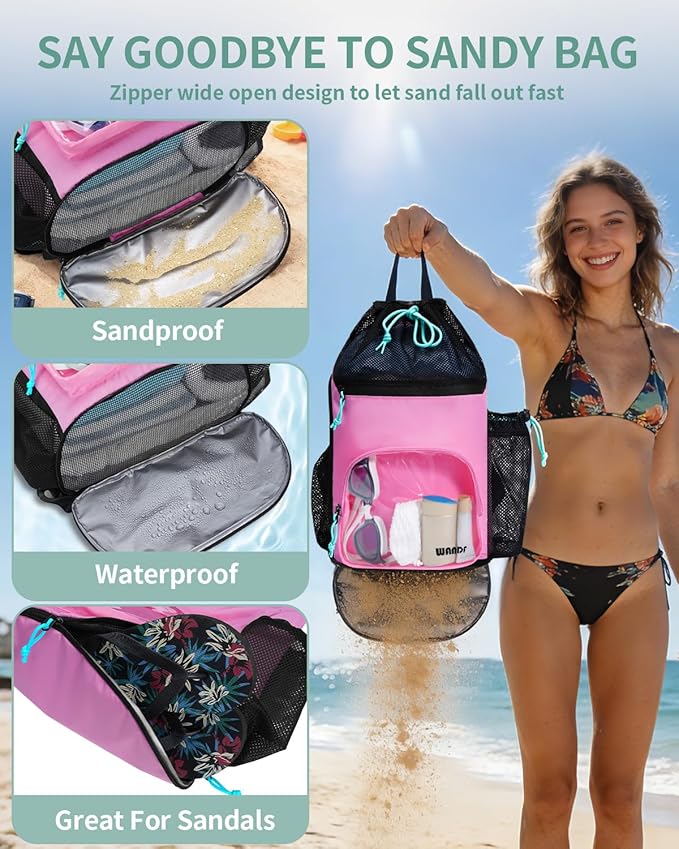 WANDF Swim Bag with Wet Pockets, Sandproof Beach Backpack with 40oz Tumbler Side Pockets, Mesh Drawstring Backpack Swim Bag for Swimming, Pool, Gym and Workout Gear (Pink)