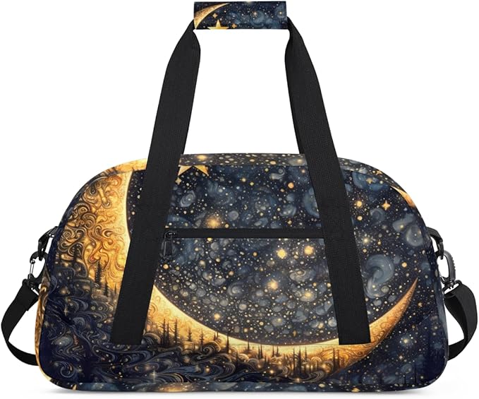 Forest Moon Gym Travel Duffle Bag for Women & Men with Front Zipper Pocket for Sports, Overnight, Weekender, Carry On,Workout & Dance Bag,Golden Moon Star,18.9 * 8.7 * 10.6 in