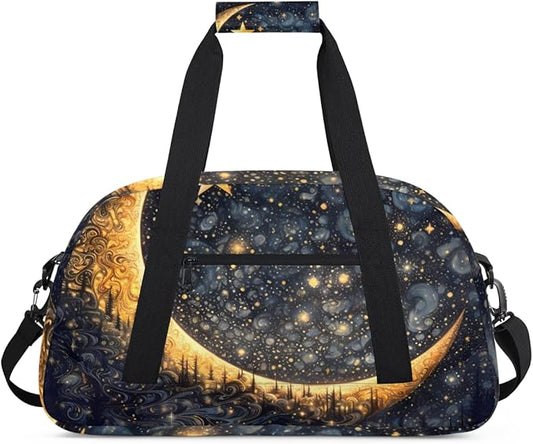 Forest Moon Gym Travel Duffle Bag for Women & Men with Front Zipper Pocket for Sports, Overnight, Weekender, Carry On,Workout & Dance Bag,Golden Moon Star,18.9 * 8.7 * 10.6 in