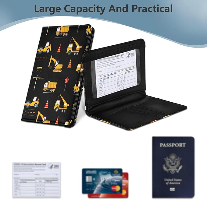 linqin Cute Construction Machinery for Kids Passport and Vaccine Card Holder Combo Leather Passport Case 4x3 CDC Vaccination Card Protector/Covers Waterproof Wallet for Travel