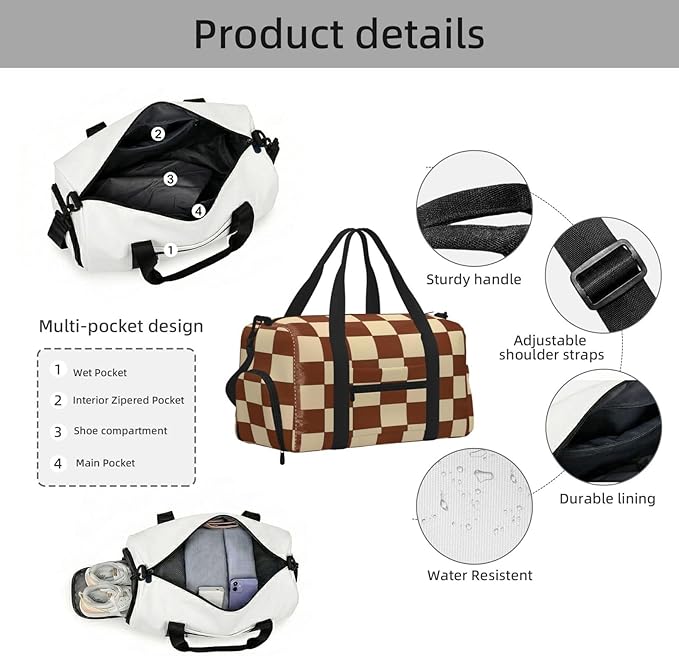 Sports Gym Bag Brown Cream Checkerboard Grid Travel Duffel Bag With Shoe Compartment Shoulder Strap, Lightweight Water-Resistant Weekend Overnight Totes For Women Men