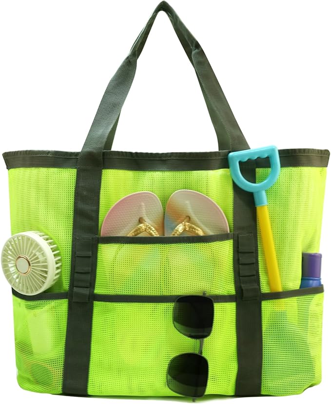 Large Mesh Beach Tote Bag, 9-Pocket Foldable Summer Vacation Beach Bag for Travel, Pool, Gym, Cruise