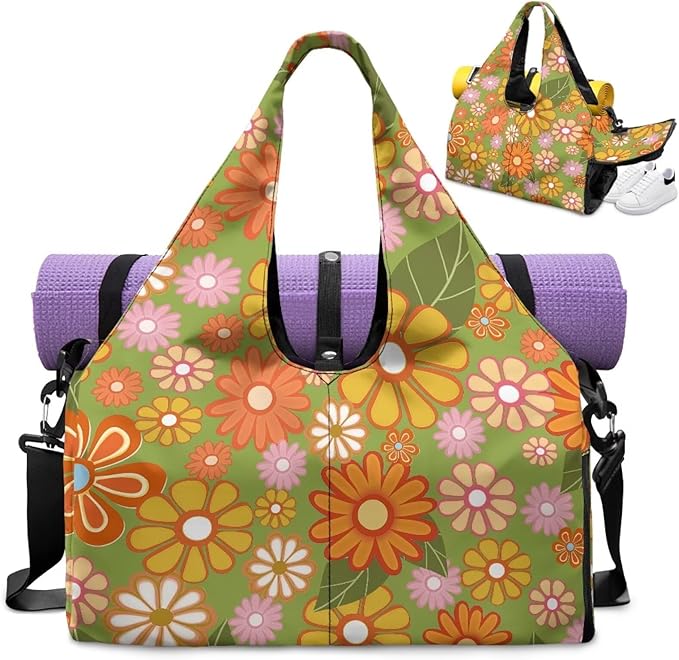 Floral Womens Gym Bag with Yoga Mat Holder and Shoe Compartment, Waterproof Portable Green Sport Tote Bag for Women with Spacious Wet Pockets Gym Bag for Daily Use