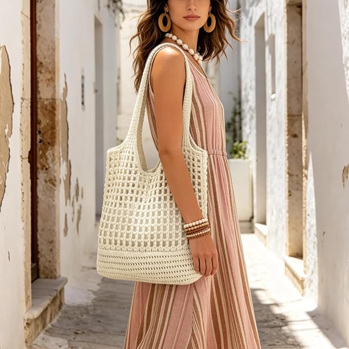ENBEI Women Foldable Beach Tote, Washable Lightweight Beach Bag, Eco-Friendly Knit Shoulder Purse for Travel/Shopping/Gifts