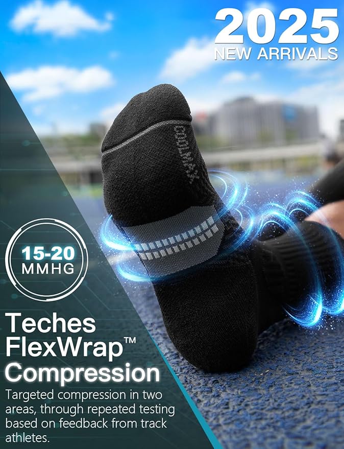 Compression Running Socks, Bamboo Viscose Coolmax Moisture-Wicking Anti-Blister Athletic Hiking Workout Gym Padded