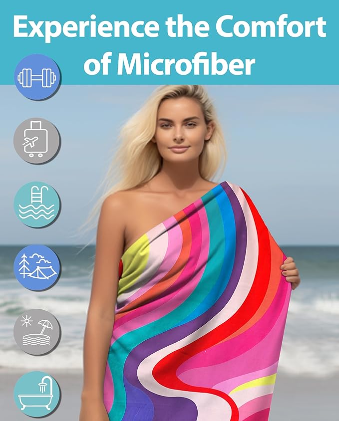 Microfiber Beach Towel Oversized 71X32" Thin, Lightweight, Quick Dry Towel, Sand Free, High Absorbent, Compact, Pool, Gym, Camping, Cruise, Picnic, Travel Towel, Beach Blanket, Carry Bag, Pink