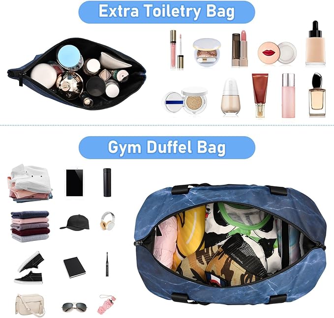 Travel Duffel Bags for Women Blue Marble Print Sports Duffel Bags Gym Bags with Shoes Compartment Tote Bag Weekender Bag for Travelling
