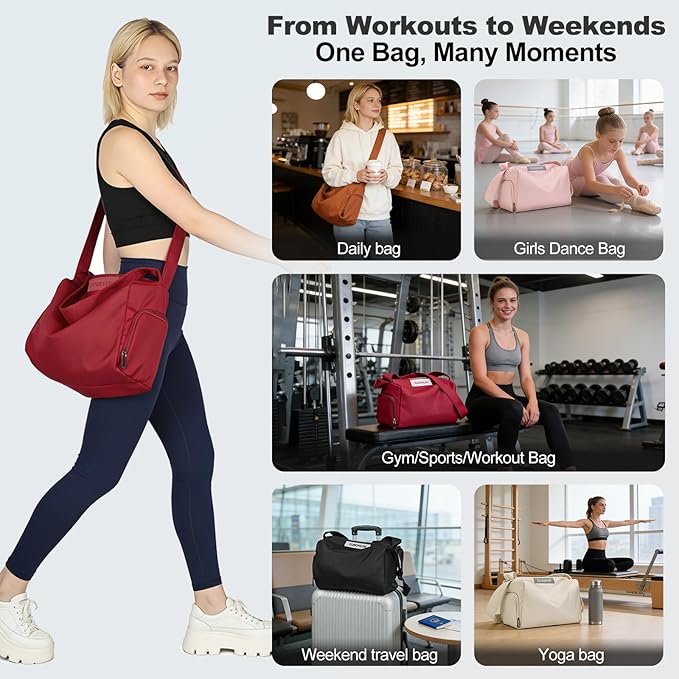 Women's Mini Gym Bag Crossbody, Everyday Sling Duffel with Shoe Compartment & Wet Pocket, Water-Resistant Travel Bag, Wine Red