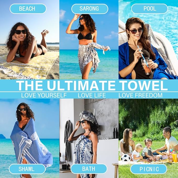 2 Pack Turkish Beach Towel Quick Dry Absorbent Cotton Lightweight Thin Bathroom Bath Pool Swim Towels Extra Large Oversized Sand Free Towel Beach Accessories Essentials Stuff Cloud Adults Gift