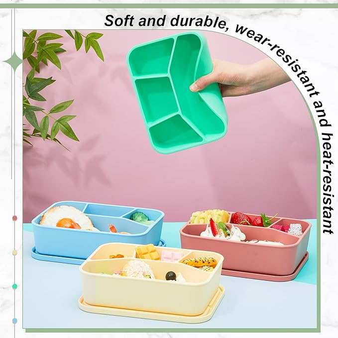 4 Pcs Silicone Bento Box Reusable Lunch Container Smooth Leak Proof Lunch Box Rectangle Bento Boxes for Adult Work Travel Food Meal Compartment Storage, 4 Colors (Bright Colors)