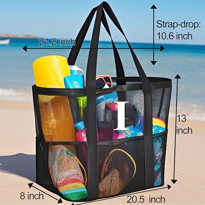 Personalized Mesh Beach Bag for Women - Waterproof Initial Tote Bag for Family Travel, Toys, Vacation Essentials