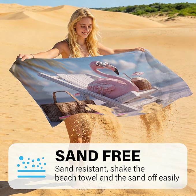 SARA NELL Flamingo Beach Towel, Pink Flamingo with Sunglasses and Coconut Drink Print, Summer Pool Beach Towel for Vacation, Quick Dry Lightweight, 32"x52"