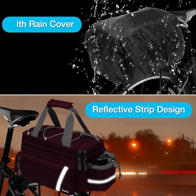 MOSISO Bike Rack Bag with Rain Cover, Bike Trunk Cooler Handag Insulated Bicycle Rear Seat Pouch with 2 Side Foldable Panniers, 8L Cycling Backseat Storage Cargo Saddle Shoulder Bag, Wine Red