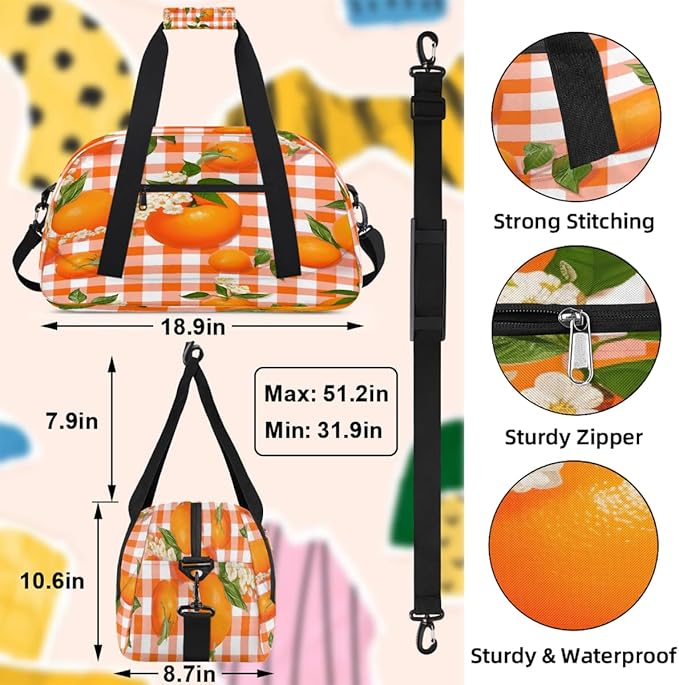 Gym Bag for Women Men, Orange Plaid Orange Flower Travel Duffle Bags for Dance Ballet Overnight, Carry-On Weekender Bag with Detachable Shoulder Strap