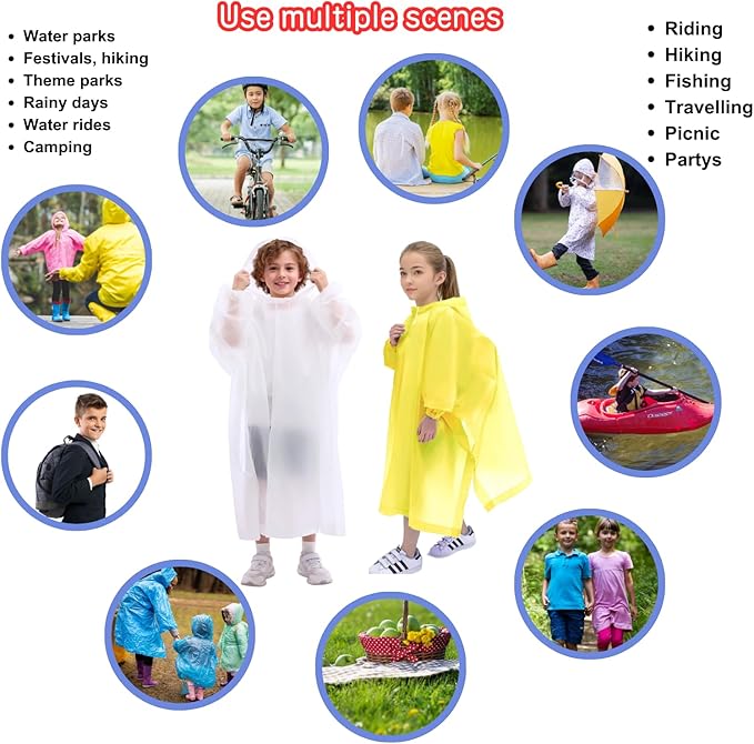 DZTSMART Reusable Waterproof Kids Rain Ponchos 2 Packs - 8-14Y, Hood & Sleeves, Park Essentials