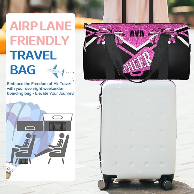 Personalized Cheerleading Sports Bag Names, Custom Name Cheer Fitness Duffle Gym Travel Weekender Lightweight Bags, Water Pink Shiny Glitters Black