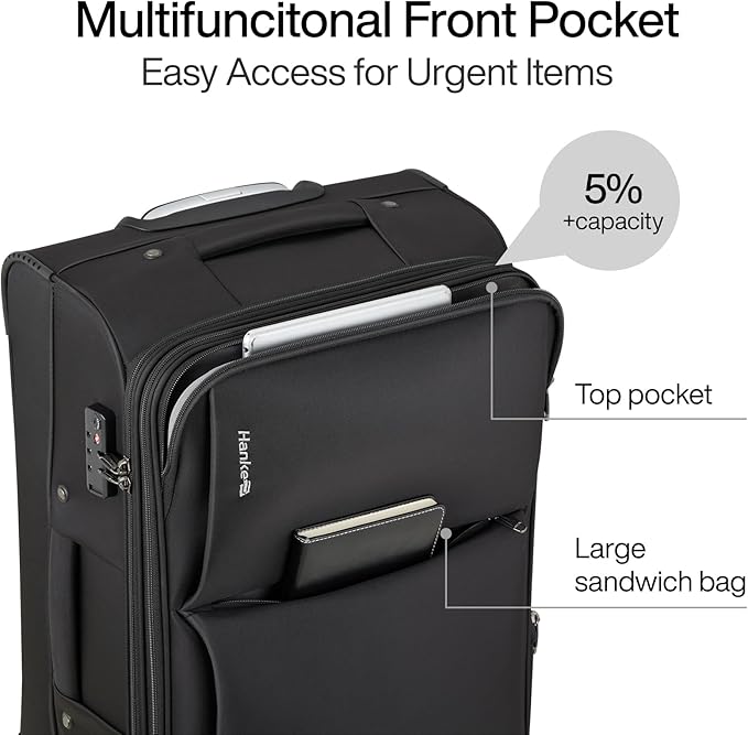 Hanke Softside Expandable 20 Inch Carry On Luggage with Wheels Airline Approved, TSA Luggage Lightweight Rolling Suitcases for Travel Carry On Bag(Black)