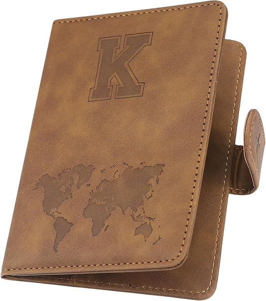Personalized Passport Holder – Initial Letter Passport Cover with RFID Blocking, Holds 2 Passports, Slim PU Leather Unisex Travel Wallet, Brown K