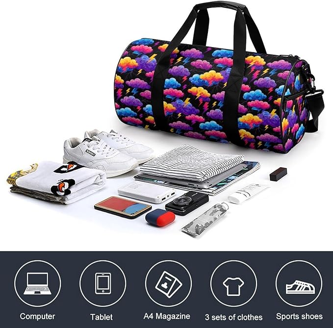 Weekender Carry on Beach Yoga Overnight Luggage Bag Unique Lightning Bolt Storm Clouds Pattern Print Gym Sports Duffle Bag Dance Gymnastics Bags