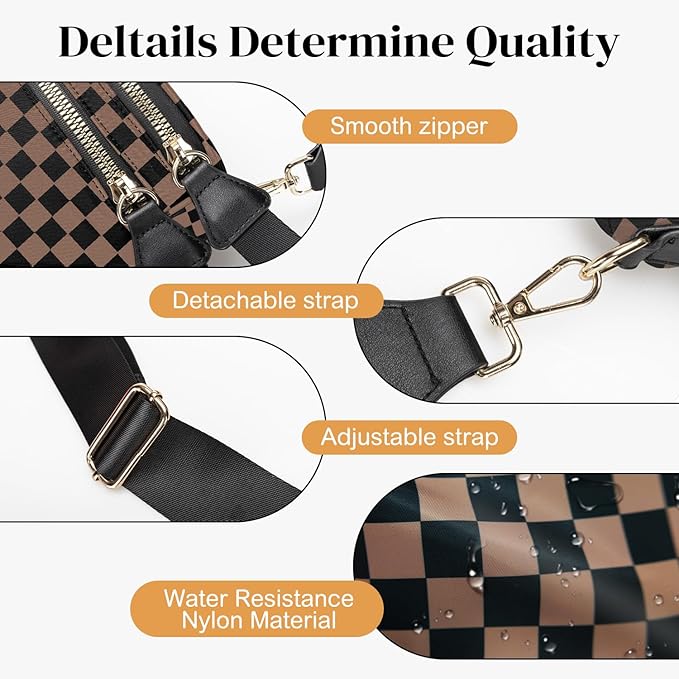 Spacious Nylon Checkered Crossbody Bum Bag for Women, Fashion Checkerboard Fanny Pack Purse with Anti-theft Pocket, Adjustable Wider Strap Wasit Bag (Black-Brown)
